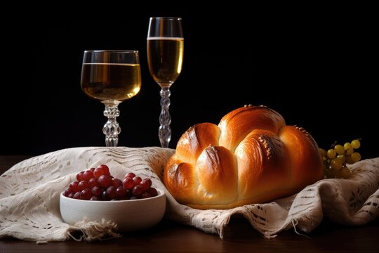 Traditional Jewish Shabbat ritual with challah, wine, torah, candles, and a napkin. Shabbat Shalom.