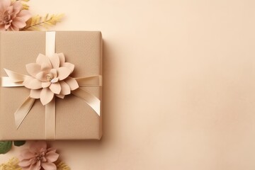 Minimalist template for a beige background with a flower on a gift box.