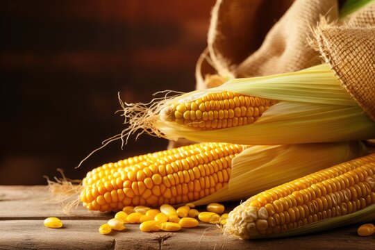 Raquel variety corn on wooden table, sweet close-up.