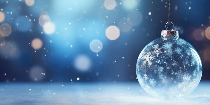 Enchanted Winter Glow: Transparent Christmas Ornament Amidst Sparkling Bokeh Lights. Generative ai