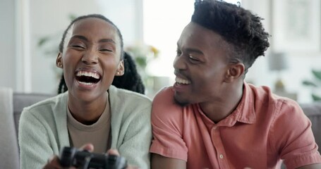 Black people, couple playing video game and fun together with bonding, technology and streaming on a date. Happy, controller and competition with laughter, healthy relationship and challenge at home - Powered by Adobe