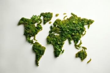 Green leaf and branch world map poster. Earth day. Minimal nature concept. Think Green. Ecology. Top view. Flat lay.