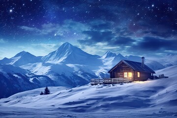 Winter landscape panorama with wooden house in snowy mountains, featuring a starry sky adorned with the Milky Way and a snow-covered hut. Symbolic of Christmas holidays and winter vacations.