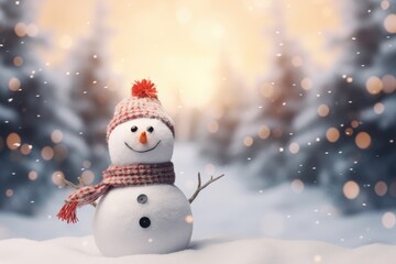 Naklejka na ściany i meble Cheerful snowman in a winter wonderland.