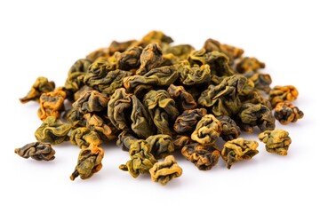 Round-shaped Taiwanese Oolong tea, Meishan Jin Xuan Golden Toad, of premium organic quality, isolated on a white background.