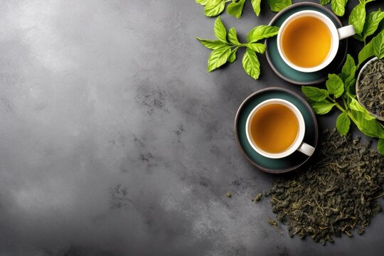 Green oolong tea and tea leaves on grey stone table with ceramic cups.