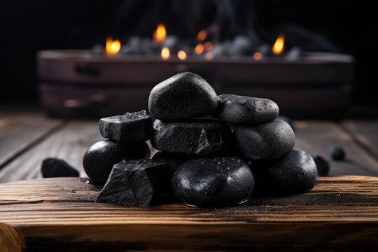 Black stones on wood base, steam background. Sauna and relaxation concept.