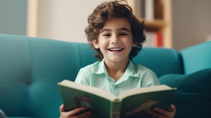 Joy of Learning: Happy Child Engrossed in Reading a Book at Home. Generative ai