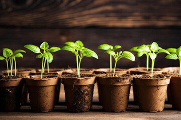 Biodegradable peat moss pots with growing seedlings on wood background and room for text.