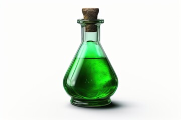 Green potion in flask on white background. Magical elixir for healing and spell casting.