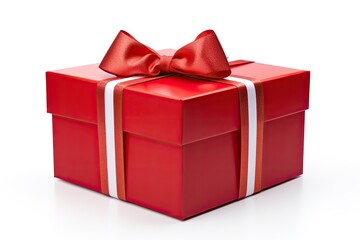 Isolated red gift box with white ribbon and clipping path.