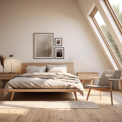 Modern, stylish and cozy bedroom mockup - 3d rendering, 3d illustration, interior design. Soft light and brown tones.
