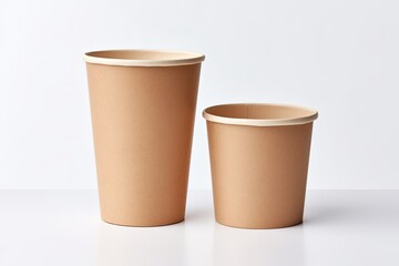 Unbleached plant fiber food box and paper cup isolated on white background, with clipping path. Eco-friendly packaging for food and drink.