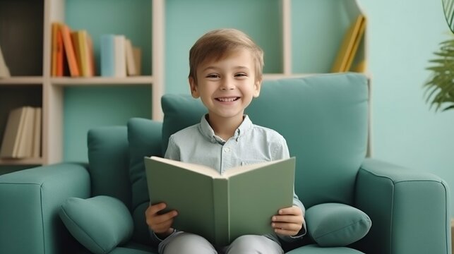 Joy of Learning: Happy Child Engrossed in Reading a Book at Home. Generative ai