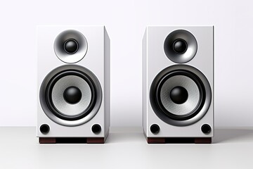 Two free-standing sound speakers on white background.