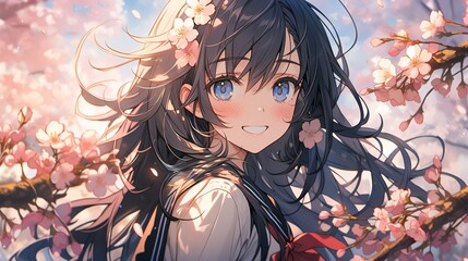 ［AI生成画像］セーラー服の学生、桜27