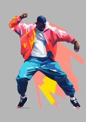 Black dude dancing hiphop style - in a vector style illustration, isolated n a grey background, with vibrant pastel colours and natural looking brush strokes