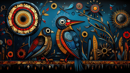 Traditional Madhubani style painting of birds on a textured background.