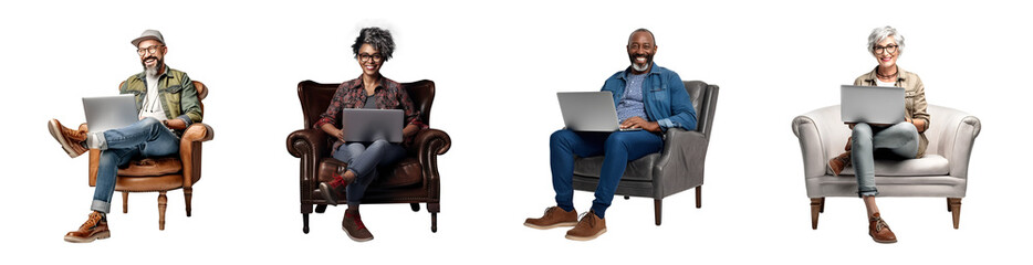 Set of Portrait Elderly man and woman happy smiling  sitting in chairs and using laptop computer, Full body isolated on white background, png