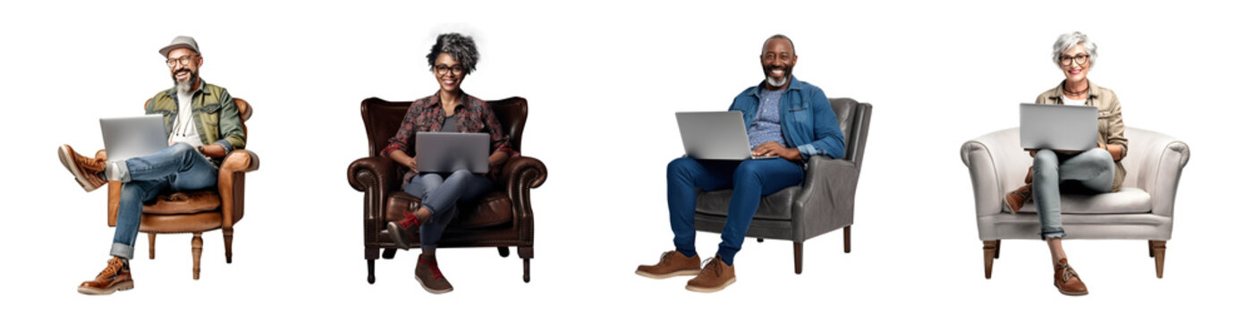 Set Of Portrait Elderly Man And Woman Happy Smiling  Sitting In Chairs And Using Laptop Computer, Full Body Isolated On White Background, Png