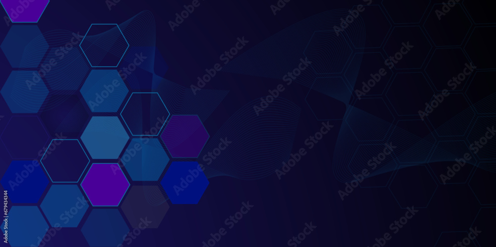Aufkleber Abstract futuristic hexagons for network connection, wave background for science, computer and communication technology on dark blue background.