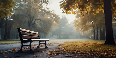Seasonal Reflections: Empty Bench Beauty on a Gloomy Autumn Day