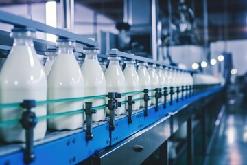 Production line of dairy products with bottles on a conveyor - obrazy, fototapety, plakaty