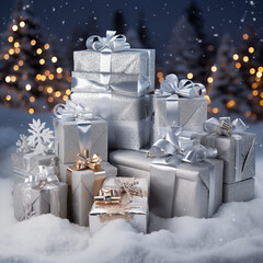 Christmas and New Year background with gift boxes, snow and fir trees