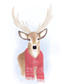 Dibujo de ciervo navideño con bufanda roja sin fondo