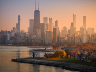 Fototapeta premium Chicago lakefront aerial view with autumn foliage