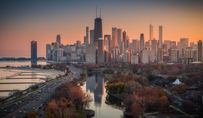 Chicago skyline with autumn colors aerial view