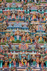 Sculptures on Hindu temple gopura (tower). Menakshi Temple, Madurai, Tamil Nadu, India - 679436368