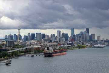 Cargo Ship, Shoreline, and Seattle Skyline in the Fall - Seattle, Washington, USA