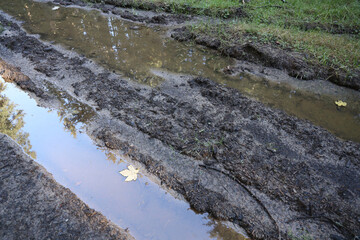 Muddy tracks with puddles on wet muddy surface in forest path close up