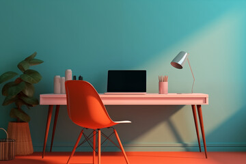 office interior with table, blue wall, orange chair, light orange desk, lamp, plants, open laptop, and design objects, modern comfortable design vivid teleworking set with pop inspiration candy colors