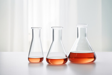 Laboratory glassware with orange liquid, erlenmeyer flask lying on a white lab bench, glassware equipment for scientific experiment in a medicine biology chemistry healthcare research laboratory