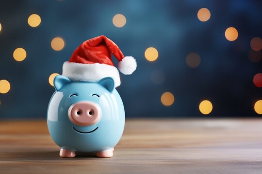Festive piggy bank wearing a santa hat. Christmas savings and cost. Seasonal budget