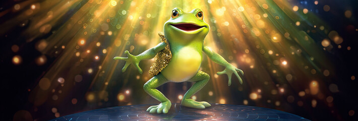 Gleeful frog performer basking in the spotlight on stage, a celebration of musical joy. - obrazy, fototapety, plakaty