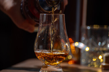 Glasses of single malt and blended scotch whisky served in bar in Edinburgh, Scotland, UK with party lights on background - obrazy, fototapety, plakaty