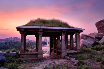 Ancient ruins in Hampi on sunset. Above Hampi Bazaar, Hampi, Karnataka, India