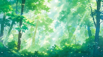 Fotobehang 木漏れ日が落ちる森のアニメ風イラスト © Hanasaki
