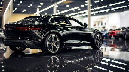 A panoramic view of a glossy black luxury car showcased in a modern dealership salon, with sleek...