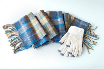 チェックのウールスカーフと毛糸の手袋（女性用）