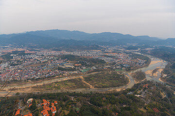 The view on the village by the river from Da Wang Shan Peak in Fujian, China