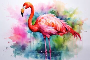 watercolor Flamingo watercolor pink flamingo in splashes Tropical exotic bird rose flamingo