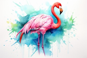 watercolor Flamingo watercolor pink flamingo in splashes Tropical exotic bird rose flamingo - obrazy, fototapety, plakaty