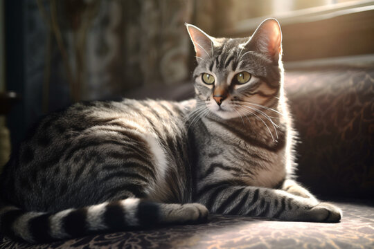 Photo of American Shorthair pet cat with living room background