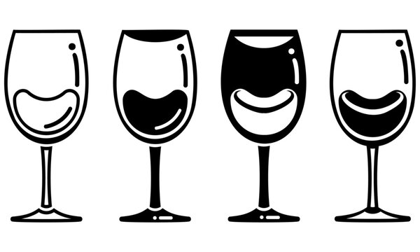 Standard Wine Glasses Black Vector Icons on Transparent Background
