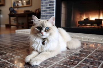 Photo of a pet Birman cat with living room background