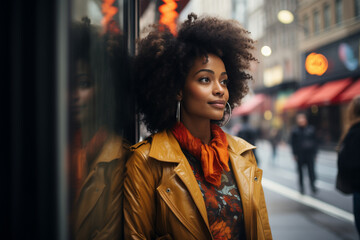 Fashionable beautiful african woman in city street portrait - obrazy, fototapety, plakaty